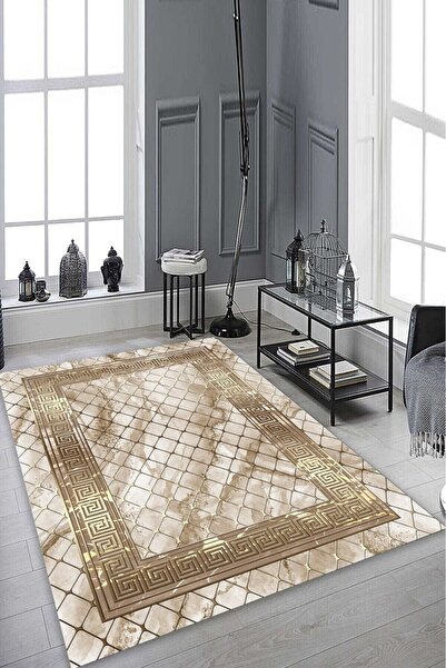 CAPPİO HALI Gold Renk Çapraz Motifli Halı (MAKİNADA YIKANABİLİR KAYMAZ DOT TA...