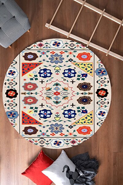 ESTA HALI Krem Çiçekli Kilim Desenli Yuvarlak Halı (Makinada Yıkanabilir Dot/...