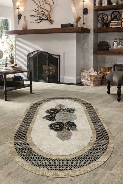 ESTA HALI Etnik Desenli Çiçek Motifli Krem Oval Halı
