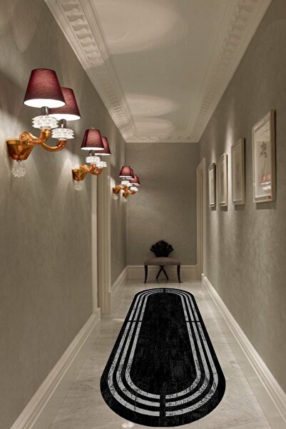 CAPPİO HALI Gri Şeritli Siyah Eskitme Oval Halı (makinada Yıkanabilir) - Cp524