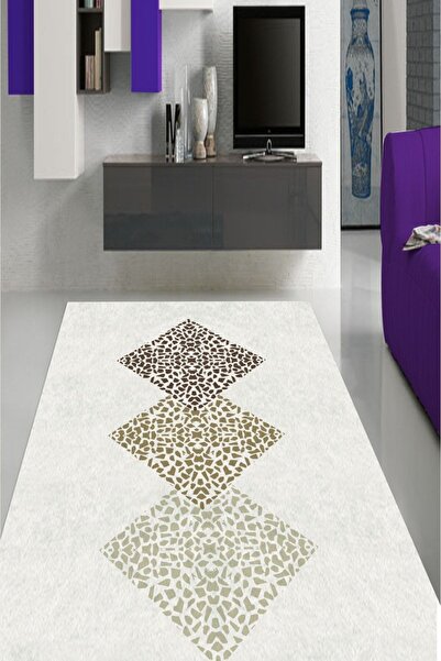 CAPPİO HALI Kare Taş Desenli Beyaz Halı kaymaz Deri Taban Makinada Yıkanabili...