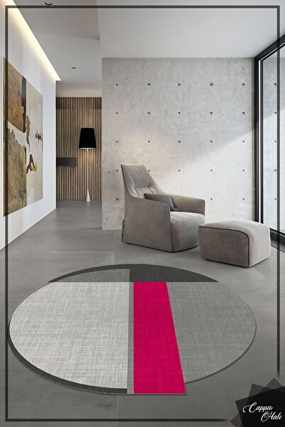 CAPPİO HALI Fuşya Detaylı Gri Geometrik Kesim Halımakinada Yıkanabilir Kaymaz...