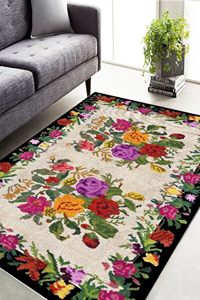 ESTA HALI Beyaz Kilim Desenli Çiçekli Karabağ Halı Cp051
