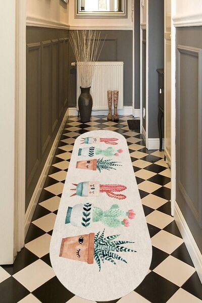 WOOLLY HOME COLLECTİON Woolly Kaktüs Desenli Oval Halı(makinede Yıkanabilir K...