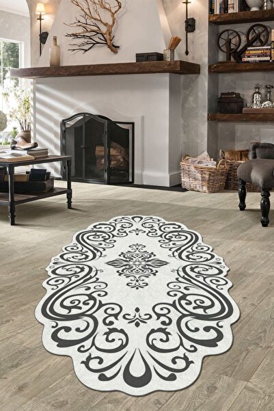 CAPPİO HALI Göbek Motifli Gri Lazer Kesim Halı (makinada Yıkanabilir Kaymaz D...