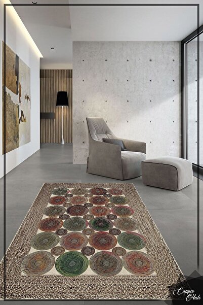 CAPPİO HALI Renkli Hasır Desenli Dijital Baskılı Halı (makinada Yıkanabilir K...