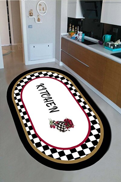 CAPPİO HALI Kitchen Yazılı Oval Mutfak Halısı Makinada Yıkanabilir Kaymaz Dot...