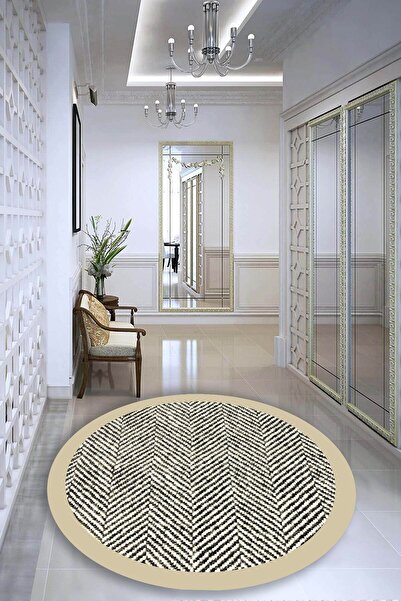 CAPPİO HALI Krem Çerçeveli Çizgisel Yuvarlak Halı (makinada Yıkanabilir Kayma...