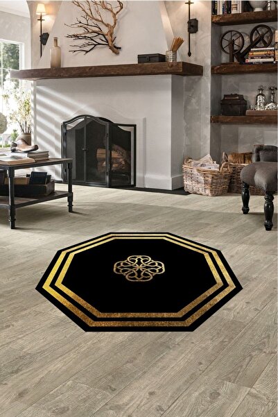 ESTA HALI Gold Modern Motifli Siyah Sekizgen Yuvarlak Halı (Makinada Yıkanabi...