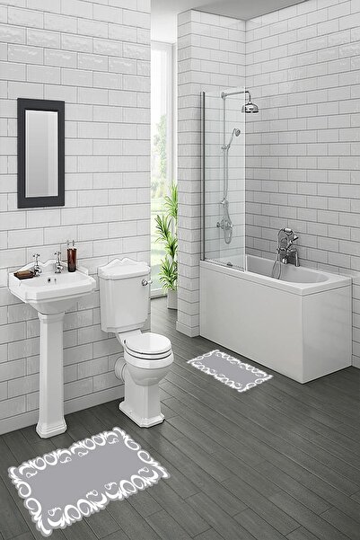 CAPPİO HALI Beyaz Motifli Gri 2'li Halı Takımı / - Cp129