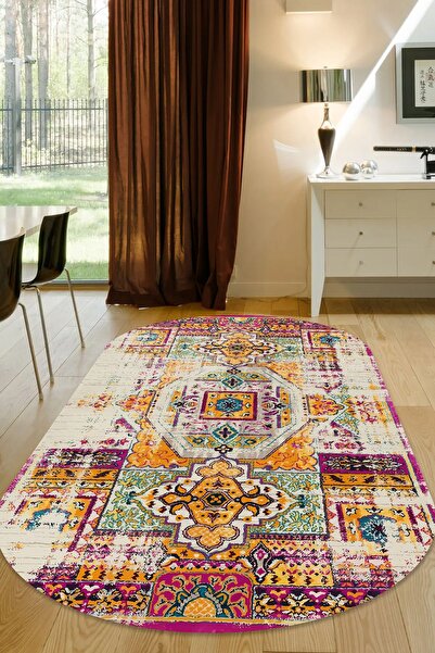 CAPPİO HALI Dijital Baskılı Makinada yıkanabilir Oval Salon Halısı Mutfak Hal...