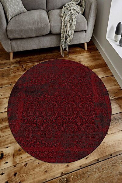 CAPPİO HALI Vintage Kırmızı Makinede Yıkanabilir Kaymaz Deri Taban Yuvarlak H...