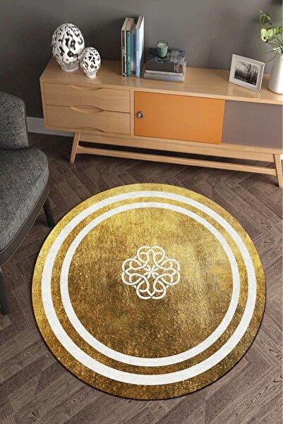 Genel Markalar Beyaz Modern Motifli Gold Yuvarlak Halı (Makinada Yıkanabilir ...