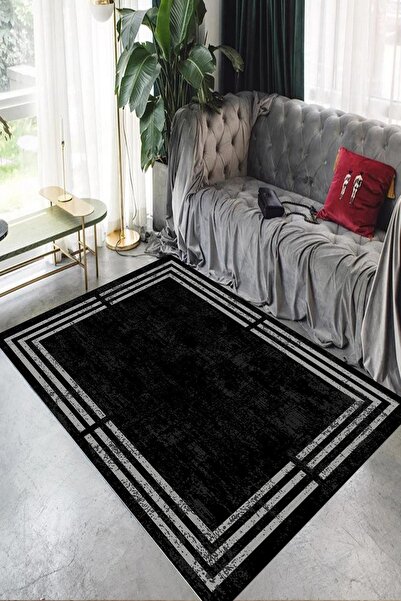CAPPİO HALI Gri Şeritli Siyah Eskitme Halı (makinada Yıkanabilir) - Cp524