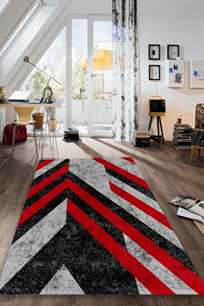 CAPPİO HALI Kırmızı Geometrik Desenli Halı Makinada Yıkanabilir Kaymaz Dot Ta...