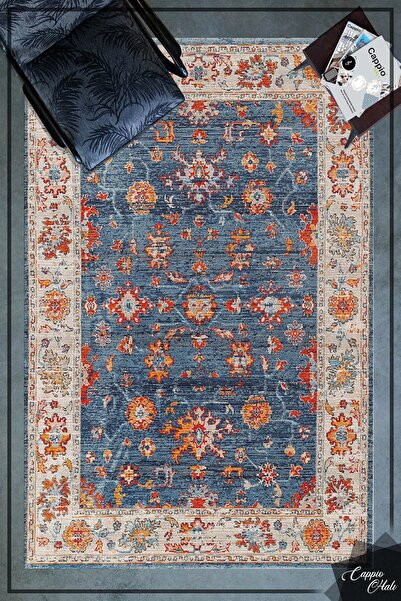 CAPPİO HALI Mavi Klasik Salon Halısı Yolluk (makinada Yıkanabilir Kaymaz Deri...