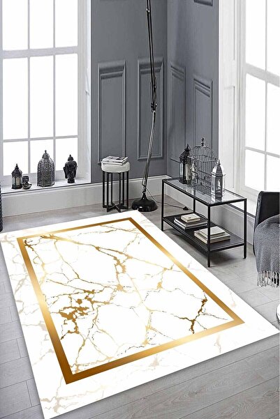 ESTA HALI Beyaz-gold Mermer Desenli Halı (makinada Yıkanabilir Kaymaz Dot Tab...