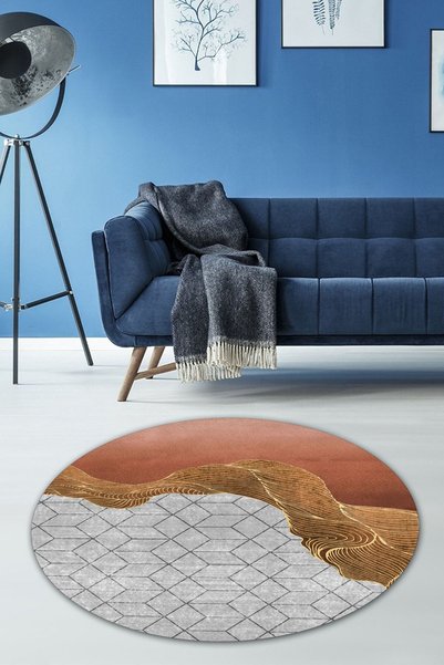 CAPPİO HALI Gold Detaylı Küp Desenli Kiremit Yuvarlak Halı (makinada Yıkanabilir Kaymaz Dot Taban) - Cp1433-1