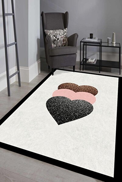 CAPPİO HALI Kalp Desenli Halı Makinada Yıkanabilir Kaymaz Dot Taban Cp1112