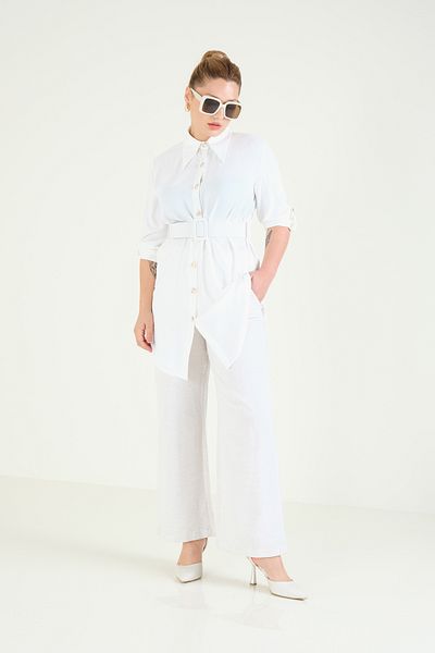 Giyim Dünyası Ecru Women's Tunic - Waist Belt Design
