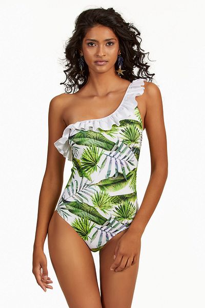 Argento Μαγιό One Shoulder Green Leaf Ruffle