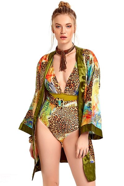 Argento Green Leopard Patterned Satin Kimono