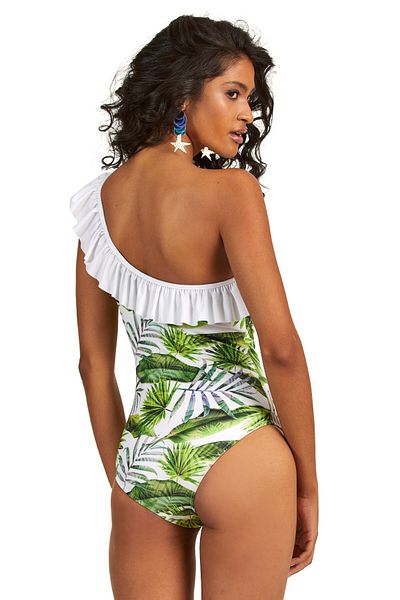 Argento Μαγιό One Shoulder Green Leaf Ruffle