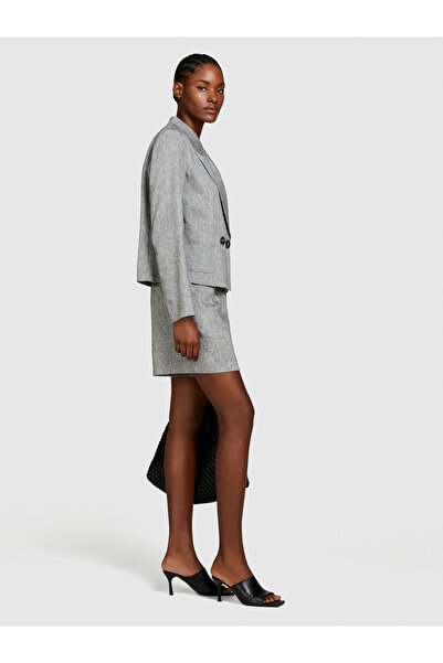 Sisley Kadın Gri Keten Karışımlı Yüksek Bel Bermuda Şort
