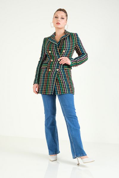 Giyim Dünyası Jachetă verde pentru femei - model Houndstooth și detaliu cu nasturi metalici