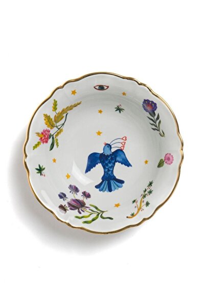 Fabula Bird Floral Porselen Salata Kasesi 26 Cm Mavi