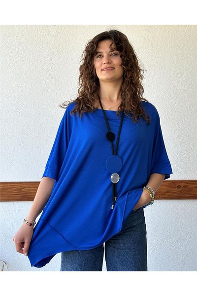 ByEnBi Short Sleeve Saks Blue Tunic with Asymmetric Cut Necklace Std