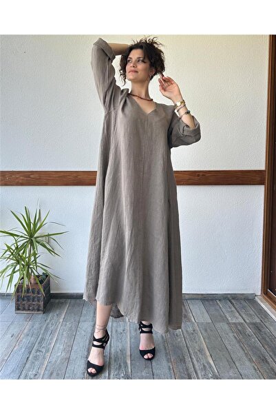 ByEnBi Large Size V-Neck Long Sleeve Soil Italian Linen Dress