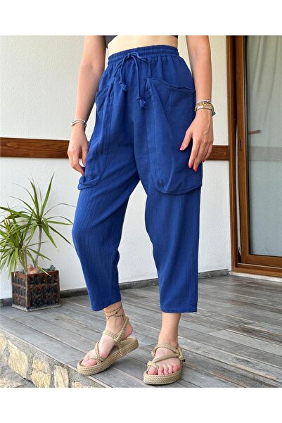 ByEnBi بنطلون شالوار من القطن والكتان باللون الأزرق الداكن - جيب مزدوج