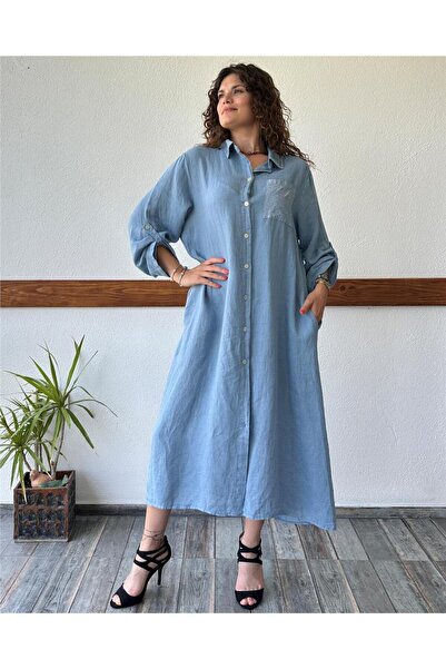 ByEnBi İtalyan Keten Pullu Cepli Mavi Gömlek Elbise Std