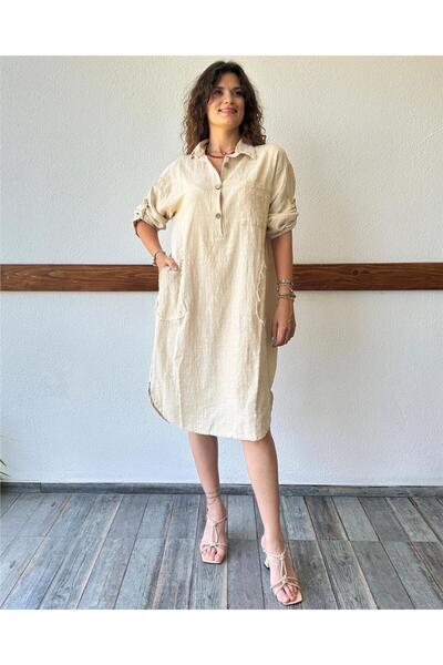 ByEnBi Cream Colored Cotton Linen Dress - Filthy Stitching Detail