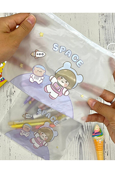 Kağıt Gemi Dükkan Geantă transparentă cu fermoar și închidere cu fermoar, cu astronaută spațială și ursuleț de pluș / Recuperator / Husă pentru creion