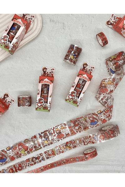 Kağıt Gemi Dükkan Cute Girl and Rabbit Red 3-Piece Washi Tape Set / Washi Tape / Bullet Journal / Scrapbook