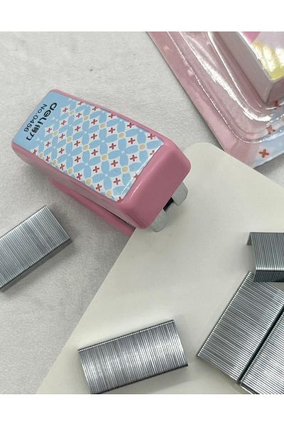 Kağıt Gemi Dükkan Mini Blue Patterned Pink Stapler