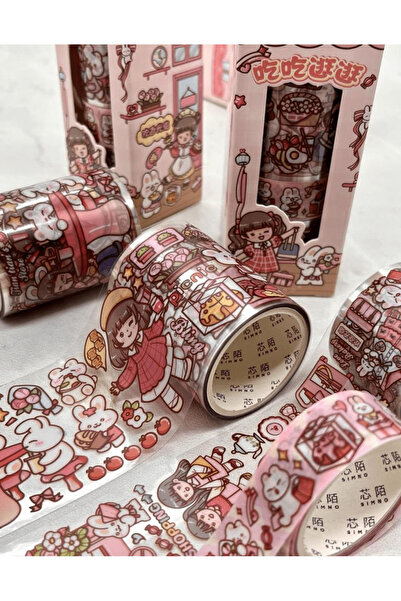 Kağıt Gemi Dükkan Set de 3 benzi Washi cu fată drăguță și iepure roz (3*2m)/Washi Tape/Bandă de mascare/Bandă cu model