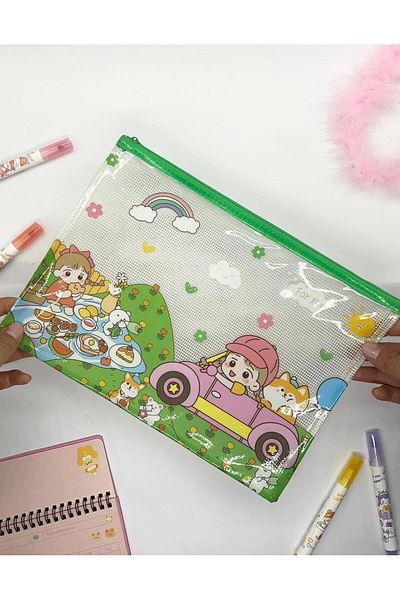 Kağıt Gemi Dükkan Cute Transparent and Zippered Green A4 File Folder/Collector/Pencil Case/Zipper Bag