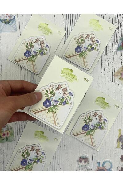 Kağıt Gemi Dükkan Green Cat Patterned Post-it - Sticky Note/Sticker/Adhesive Note Paper/Bullet Journal/Scrapb