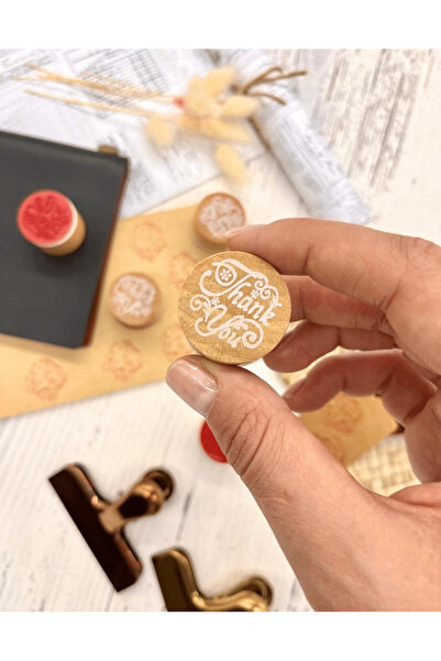 Kağıt Gemi Dükkan Mini Ahşap Dairesel Vintage Thank You Desenli Mühür / Damga / Kaşe / Kitap Mührü  Stamp / Seal