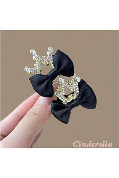 Cinderella 2'li Kurdele Kraliçe Taçlı Kristal Taşlı Çocuk Pençe Toka Siyah - ...