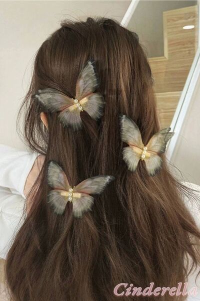 Cinderella مشبك فراشة كبير الحجم 10 سم - مجموعة من 3 قطع من أوراق الشجر الجافة وأحجار اللؤلؤ المتحركة على شكل فراشة من التول