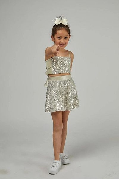 miço kids Κοριτσίστικο σετ με ασημένια παγιέτα και βραδινό φόρεμα Crop