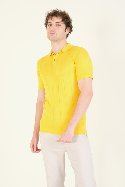 Giyim Dünyası Yellow Men's Striped Polo Collar Mercerized T-Shirt