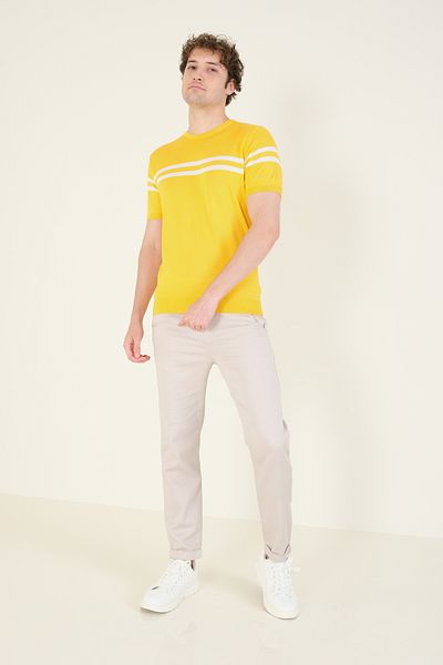 Giyim Dünyası Tricou galben cu dungi mercerizate pentru bărbați - decolteu
