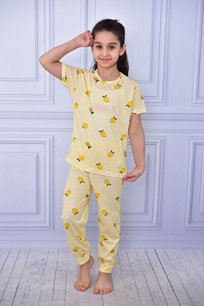 Burki Sarı Limon Desenli Çocuk Kısa Kollu Pijama Takımı
