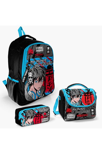 Coral High Set de 3 genți de școală cu model anime negru albastru - SET 0123666