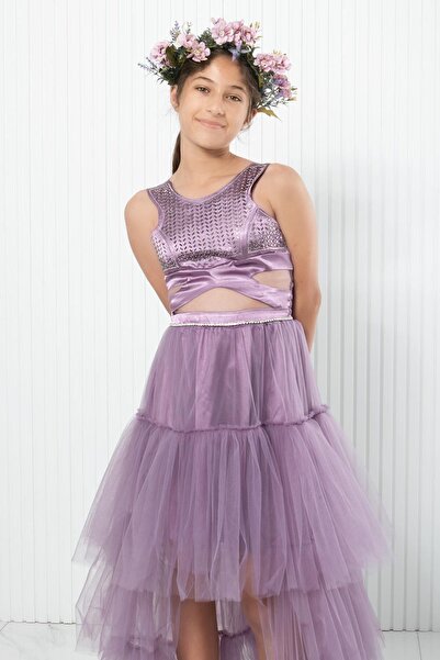 SUBU TASARIM Βραδινό φόρεμα λιλά τούλι - Λεπτομέρεια με στάμπα από πέτρα, MDV340